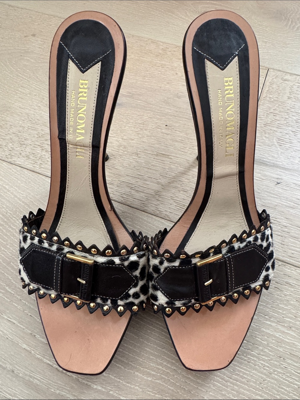 Bruno Magli Brown & Leopard Hair Print Buckle Slide Heels